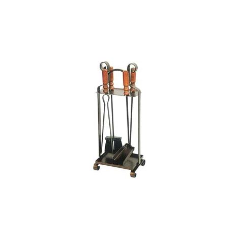 SET 4 ATTREZZI MANICO LEGNO BASE QUADRA PER CAMINO cm.26X70h.