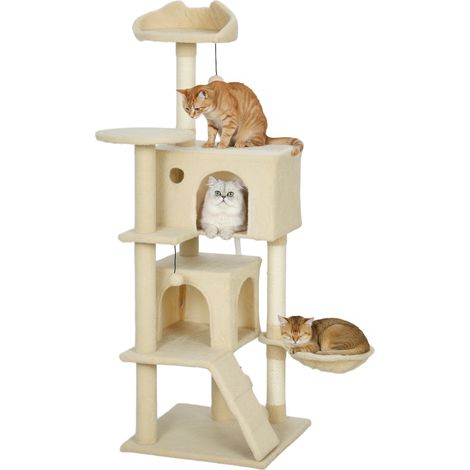 Arbre à chat beige 140 cm avec plateformes, lit, 2 grottes, hamac, échelle et poteaux en sisal, accessoire design sobre pour intérieur pratique et complet