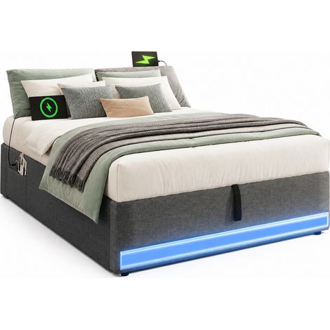 Lit coffre 90 x 200 cm sans tête de lit avec LED multicolore, USB et USB-C, poches latérales, rangement hydraulique, gris, pour chambre moderne - CHICFURN (1/5)