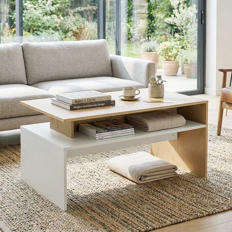 Table basse bicolore avec étagère asymétrique, 95 x 55 x 50 cm, bois naturel et blanc (1/5)