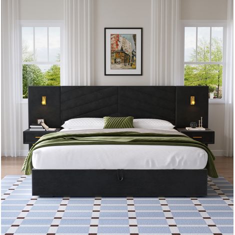 Letto king moderno in velluto nero 266x205 cm con contenitore sollevabile, testiera ad ali e 2 comodini sospesi