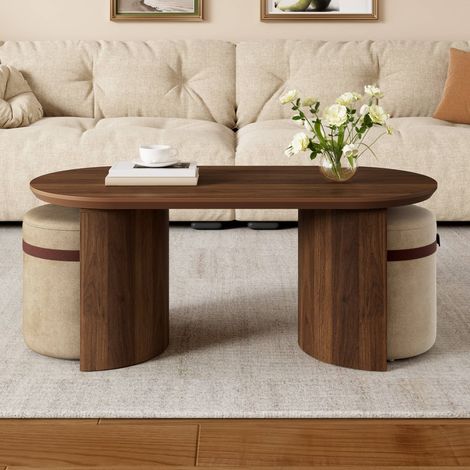 Table basse ovale 108 x 50 x 44 cm, set avec 2 tabourets en tissu, MDF et pin, noyer (1/5)