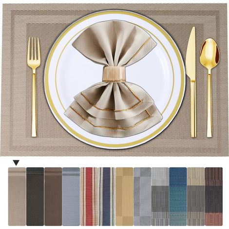 8 Sets de Table Lavable PVC Vinyle Dessous Assiette de Dîner Durables Napperon Rectangulaire Intérieure/Extérieure -8 Pièces, 01 Beige (1/5)