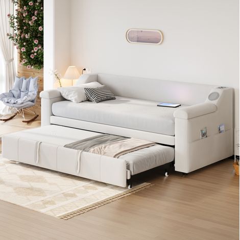 Sofá cama (216x97x69 cm), convertible en cama, con Bluetooth, puertos USB, almacenaje, con somier, terciopelo beige (1/5)