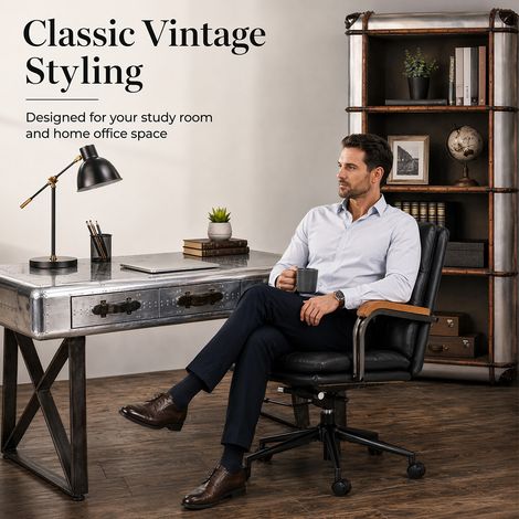 Chaise de bureau en cuir avec accoudoirs en chêne, siège ergonomique réglable hauteur et rotation 360° (1/5)