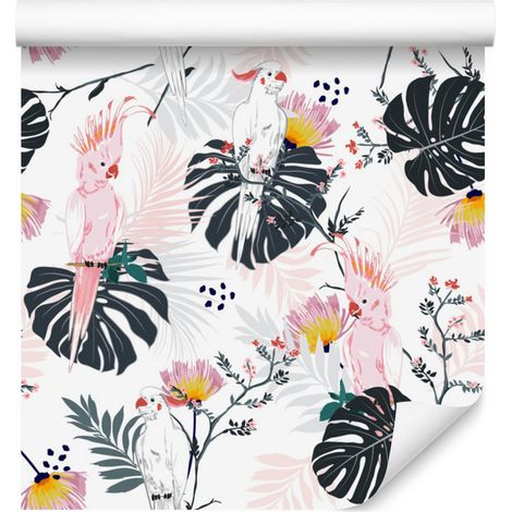 Papel pintado con loros, hojas y flores tropicales para salón y dormitorio, 50x1000 cm. (1/5)