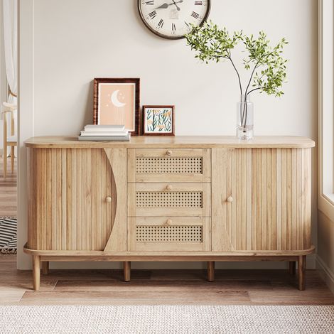 Buffet Bas Style Bohème Chic en Bois et Cannage de Rotin 140cm - Enfilade de Salon avec 2 Portes, 3 Tiroirs en Rotin et Angles Arrondis Sécurisés - 140,5x40x76cm - Nature (1/4)