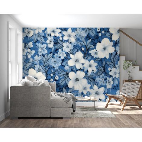 Papier Peint Floral – Fleurs Blanches sur Bleu - 150 x 250 cm (1/2)