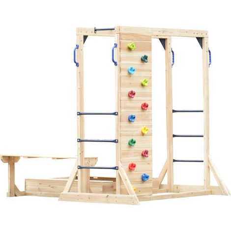 Axi Dex Aire De Jeux En Bois, Marron  Structure D'Escalade Pour Enfants Avec Mur D'Escalade, Bac À Sable, Barres De Singe Et Table De Pique-Nique  Pour Le Jardin - 200 X 195 X 199 Cm