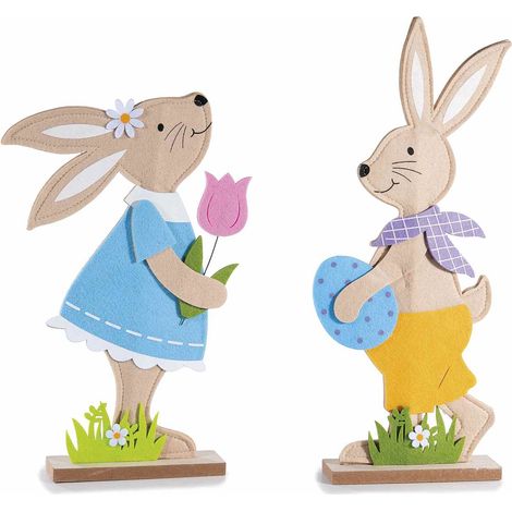 Coppia di coniglietti pasquali in legno e panno colorato da appoggiare, set da 4 pezzi, cm 19 x 5 x 42 H