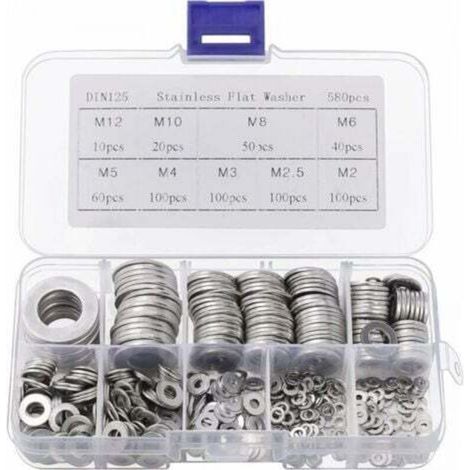 Rondelle Inox avec Boîte de Rangement (Lot de 580) - Assortiment de 9 Tailles M2, M2.5, M3, M4, M5, M6, M8, M10 & M12 - Lot de Rondelles Métal - Réparations, Usines & Décoration Intérieure (1/4)