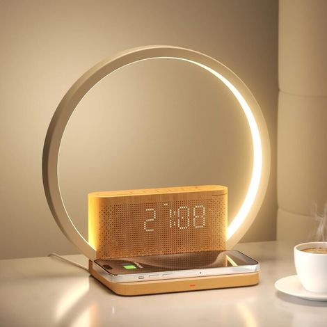 Sveglia luminosa, lampada da comodino ricaricabile, lampada da tavolo con dimmer a 3 livelli sensibile al tocco, 10 suoni naturali per conciliare il sonno, adatta a camere da letto e uffici. (1/4)