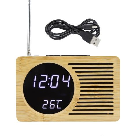 Multifunktionaler digitaler USB-Wecker mit LED-Anzeige, Thermometer, Zeit- und Temperaturanzeige sowie FM-Radio. – Crezuo
