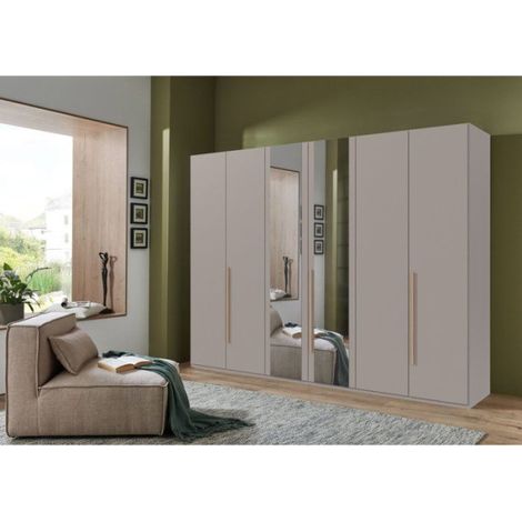 Armoire de chambre - LONDON - Couleur Gris Sahara - 6 portes battantes - 2 miroirs - 3 tiroirs - L270 x P58 x H208 cm (1/5)