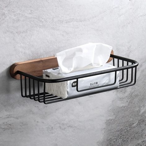 (Style 7) Ensemble de rangement de salle de bain en bois et métal sans perçage – Porte-papier toilette mural, porte-savon et boîte à mouchoirs – Organisateur sans perçage (1/5)