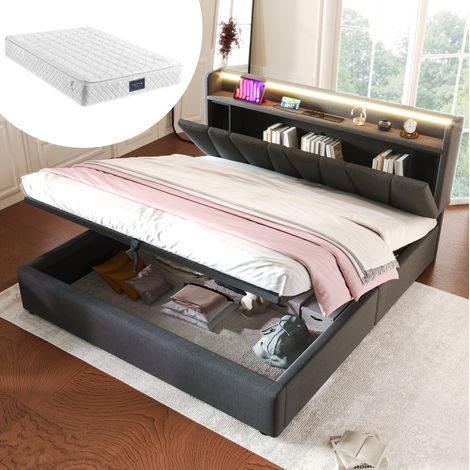 lit coffre 140x200 LED USB tête de lit gris lin HAVRYA (1/5)