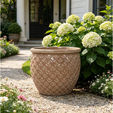 Pot de fleurs en céramique Ø 38,5 cm, intérieur et extérieur, finition beige brillante, relief monnaie (1/5)