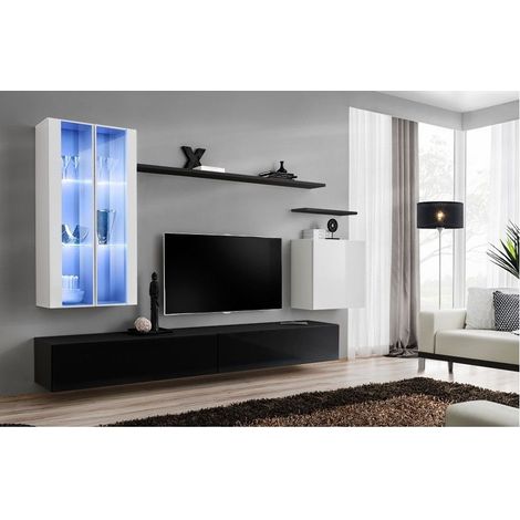 Ensemble meuble TV mural  - Switch XII - 270 cm x 160 cm x 40 cm - Blanc et noir - Livraison gratuite