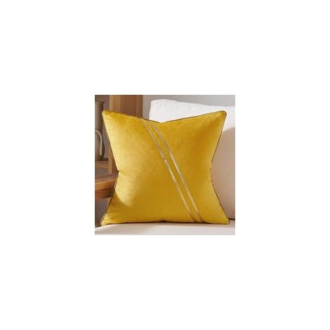 Housse de Coussin 18x18 Pouces, Velours Jaune et Or, Lignes en Cuir, Luxueuse, Décorative pour Canapé, Salon, Chambre