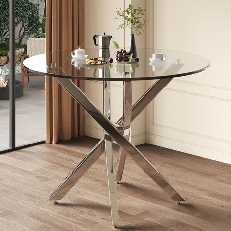 Mesa de comedor redonda 80 cm de cristal templado y metal plateado HAVRYA (1/5)