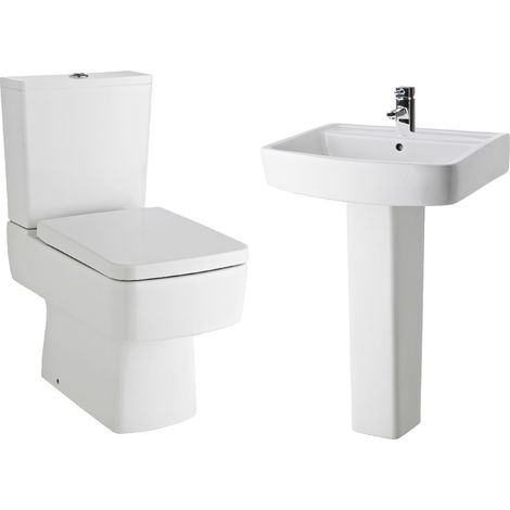 Balterley Optic Compact Bathroom Suite: Semi Flush Toilet with Dual-Flush Cistern, Soft-Close Seat & 600mm Basin with Pedestal