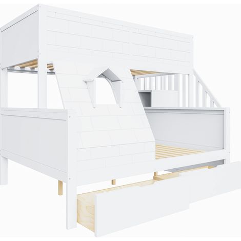 Cama alta infantil blanca 90 x 200 / 140 x 200 con escalera segura, cajones y ventana HOMVRA (1/5)