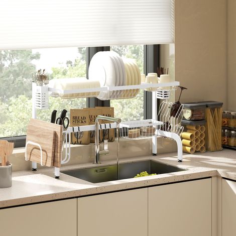 Scolapiatti a 2 livelli in acciaio per lavello con tagliere e portaposate, 100x30x54,5 cm, bianco.
