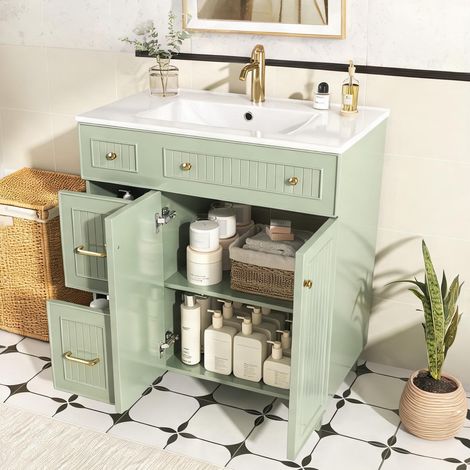 Meuble vasque avec lavabo en céramique vert MDF laqué en MDF (1/5)