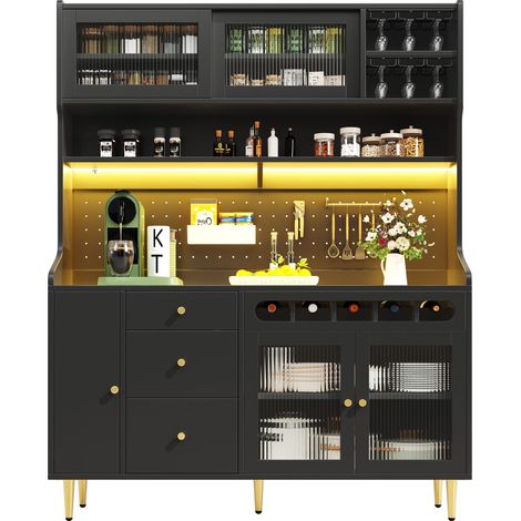 Aparador Alto con Estantes Ajustables, LED USB y Soporte para Copas, para Cocina o Salón, en Vidrio y MDF, Negro, 145x39x171 cm (1/5)