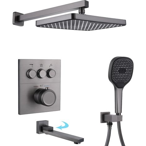 Colonne de Douche Encastrée, HSS0465 Moderne Ensemble de Douche Thermostatique, 30x20cm Pluie Systèmes de Douche, Touches du Piano, Douchette à Main 3 Modes, Robinet de Baignoire Pliable