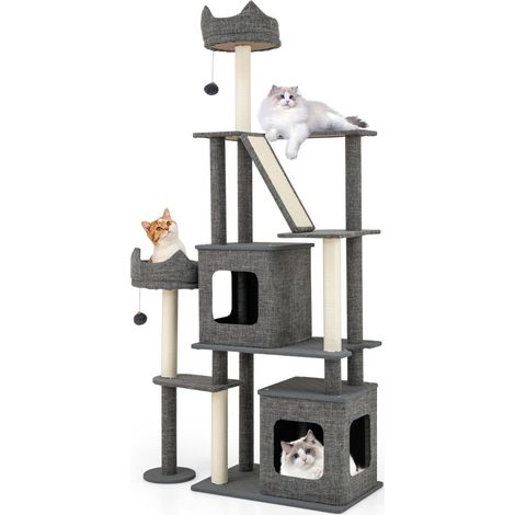 Tiragraffi 180 x 86 x 40 cm con 7 livelli di gioco e 2 comode cucce stile moderno tessuto grigio 200010109
