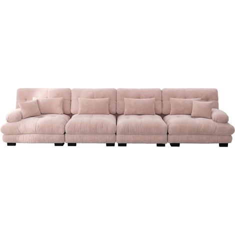 Divano dritto, divano da 4 posti con 6 cuscini, seduta profonda, in tessuto felpa (chenille), rosa (1/5)