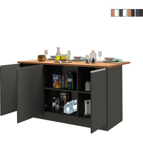 Îlot central moderne 3 portes 155x90x90 cm avec table Deaton pour cuisine - Gris - Chêne