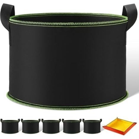 Set mit 5 Pflanzsäcken à 60 l inklusive atmungsaktiver Pflanzmatte. Pflanzsäcke mit Tragegriffen für Kartoffeln, Tomaten und andere Pflanzen. Stofftöpfe mit einer 100 x 100 cm großen Pflanzmatte. (1/5)