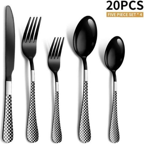 Ménagère 20 Pièces, Ensemble de Couverts en Acier Inoxydable, Ensembles D'ustensiles De Service pour 4-Noir (1/4)