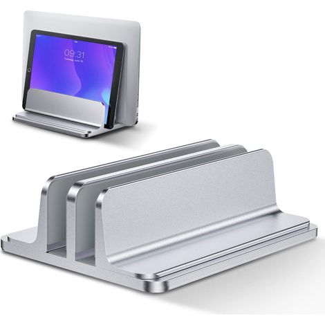 Lntyq Double Support Ordinateur Portable Vertical, Support PC Portable en Aluminium Réglable Bureau Laptop Stand pour MacBook Pro/Air, iPad, Surface, HP, Lenovo, Tablette et Autre Laptops - Argenté