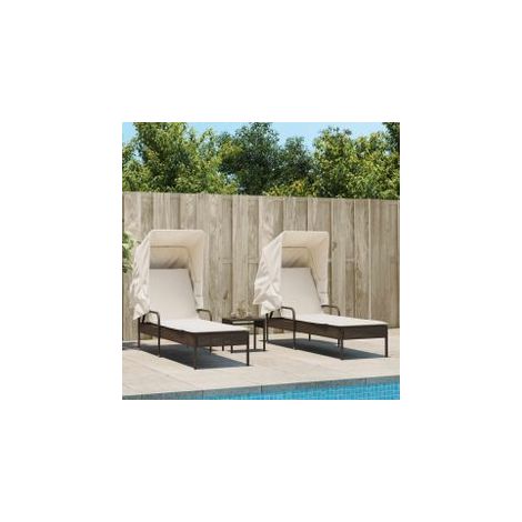 Chaises longues lot de 2 et auvents et table marron poly rotin (1/5)