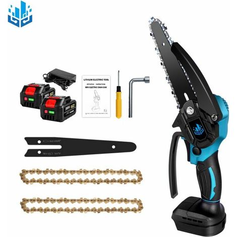 Akku-Kettensäge 1200W Elektrische Kettensäge, 6 Zoll kabellose Mini-Elektro-Kettensäge für Makita 18V - Einstellbare Geschwindigkeit zum Holzschneiden - Blau mit 2 Akkus