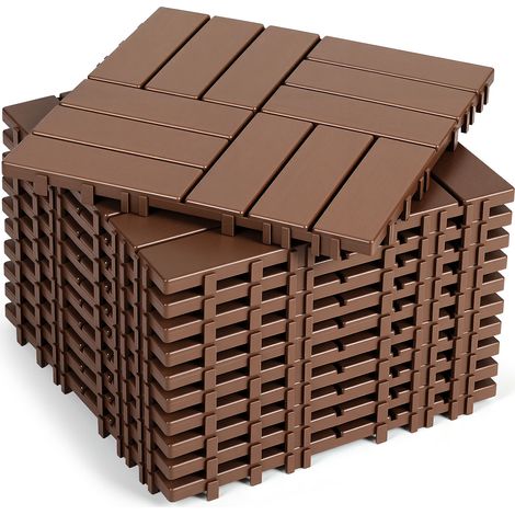 Wolketon Suelo exterior de plástico 11 losetas 30x30x2 cm, marrón rojizo, diseño de 12 lamas, instalación sin cola (1/5)