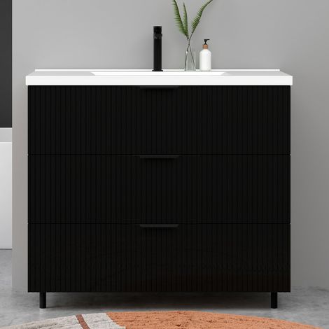 Meuble de salle de bain suspendu Strié 100cm avec poignées + simple vasque + 3 tiroirs, Noir