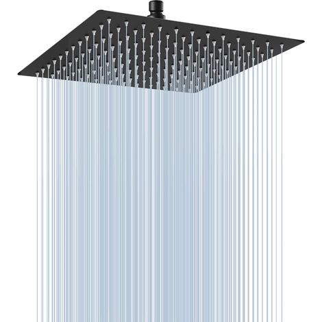 Pommeau de douche à effet pluie de 25,4 cm, noir mat, carré, en acier inoxydable, haute pression, 0,6 cm, ultra fin, couverture complète du corps avec buse en silicone (1/5)