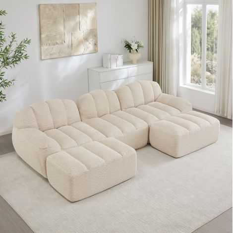 Modulares Sofa aus granulierter Fleece in Beige-Weiß, flexibel als U- oder L-Form, mit Ottomane (1/5)
