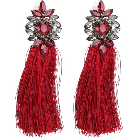 1 Pair Earrings Diamond Flower Shape Vintage Tassel Alloy Material Ear Studs Party DecorationRed (1/5)