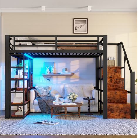 Hochbett 140x200 cm Schwarz aus Metall und MDF mit LED-Lichtleiste, Ablagefächern und Schutzgeländer (1/5)
