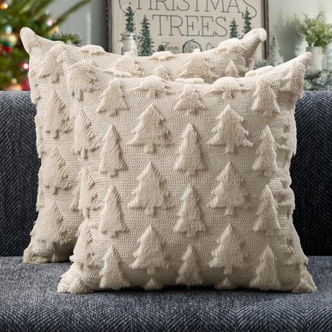 Housses de coussin pour sapin de Noël 18 × 18 po, lot de 2, décoration de Noël, couleur beige, peluche douce, fourrure synthétique, jacquard, pour chambre, canapé, fêtes, festivals (1/4)