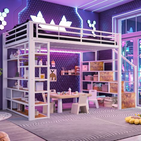 Lit mezzanine enfant 140x200cm en métal avec éclairage LED,tiroirs en tissu,marches intégrées,compartiment de rangement,cadre de lit superposé,Blanc (1/5)