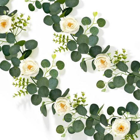 2er Set Künstliche Eukalyptus Girlande 1,8m mit Weißen Rosen (1/5)
