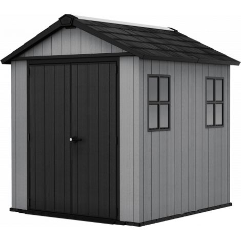 Newton + 757/775 - Caseta de jardín 223x246x230 cm con 2 puertas para almacenamiento de herramientas, acabado efecto madera Evotech+ en resina gris y negra (1/5)