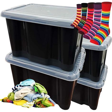 Plastic Storage Boxes Pack of 5 (24 Litre) Black Box With See Through Lids