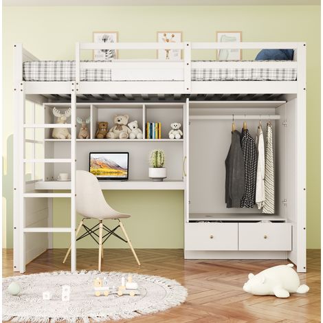 Letto a soppalco 90x200 cm bianco in legno con scrivania, armadio e cassetti (1/5)